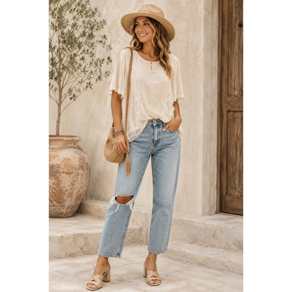 Sundance Women's Medium Ivory Embroidered Cupro Romantic Boho Poetcore Blouse